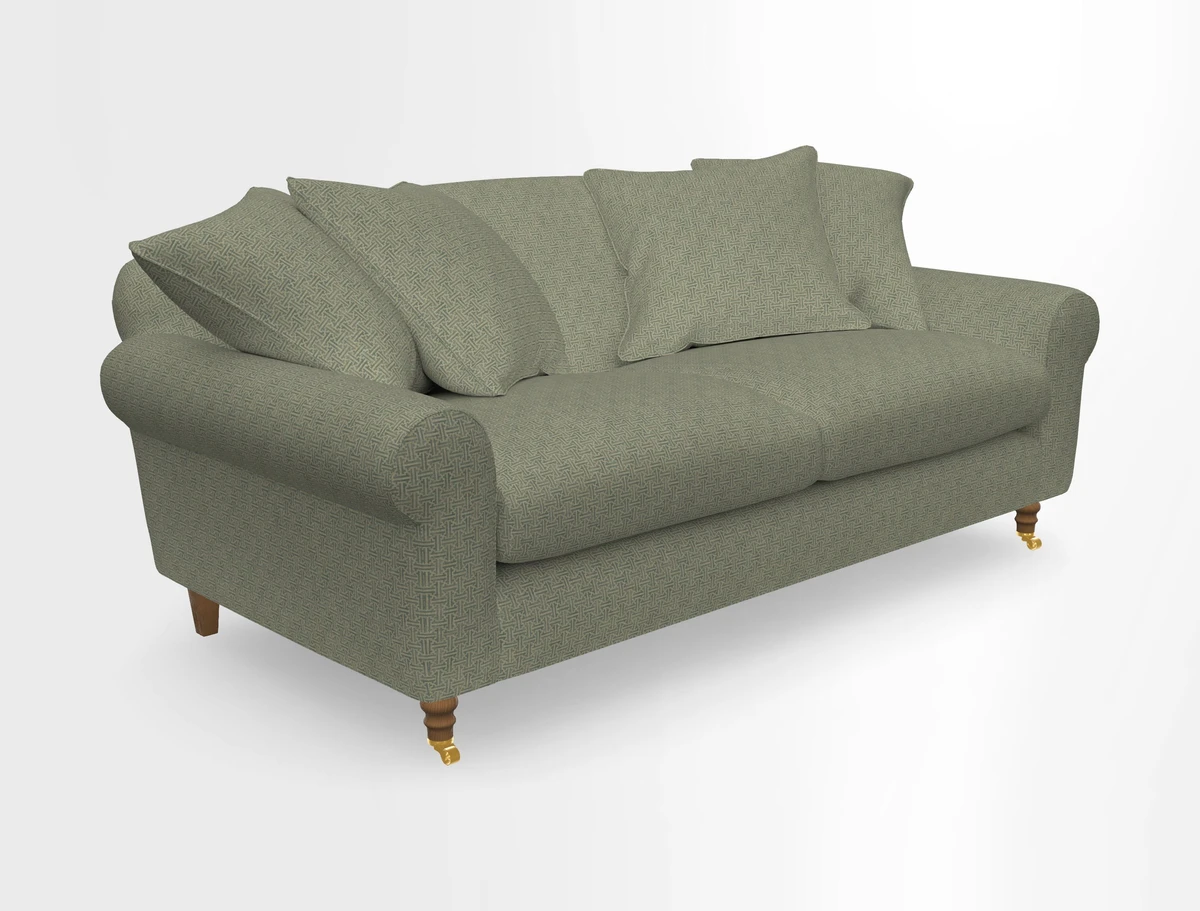 Walberswick 3 Seater Sofa in Etta's Bouquet Sunset Moss with scatters in Sussex Stripe Brick and Snape Chair in Almost Plain Velvet Spring