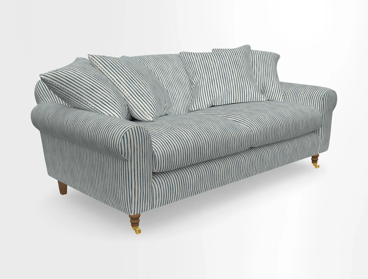 Walberswick 3 Seater Sofa in Etta's Bouquet Sunset Moss with scatters in Sussex Stripe Brick and Snape Chair in Almost Plain Velvet Spring