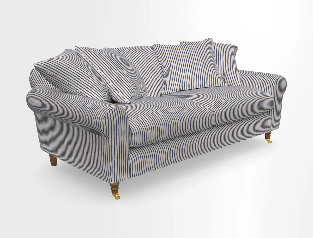 Walberswick 3 Seater Sofa in Etta's Bouquet Sunset Moss with scatters in Sussex Stripe Brick and Snape Chair in Almost Plain Velvet Spring