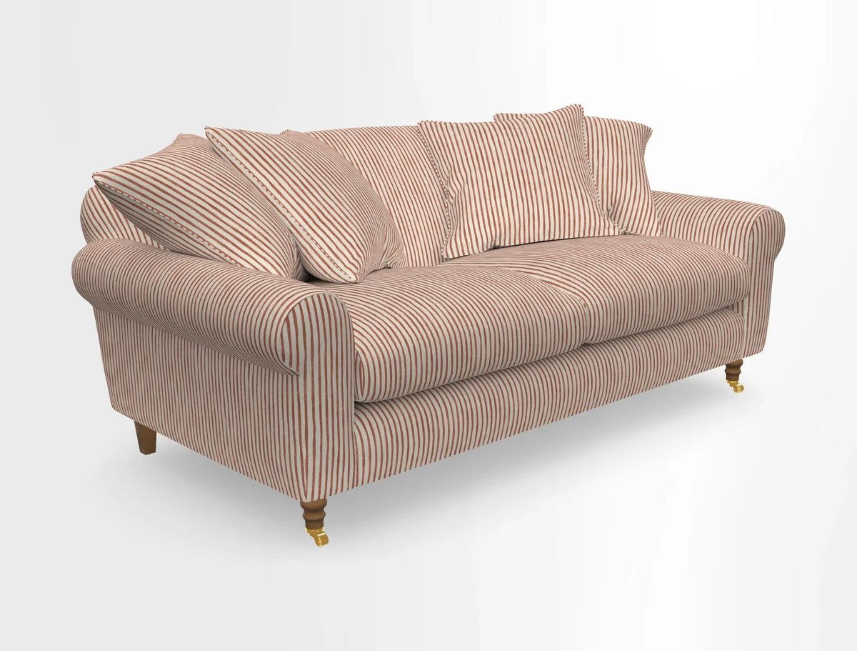 Walberswick 3 Seater Sofa in Etta's Bouquet Sunset Moss with scatters in Sussex Stripe Brick and Snape Chair in Almost Plain Velvet Spring