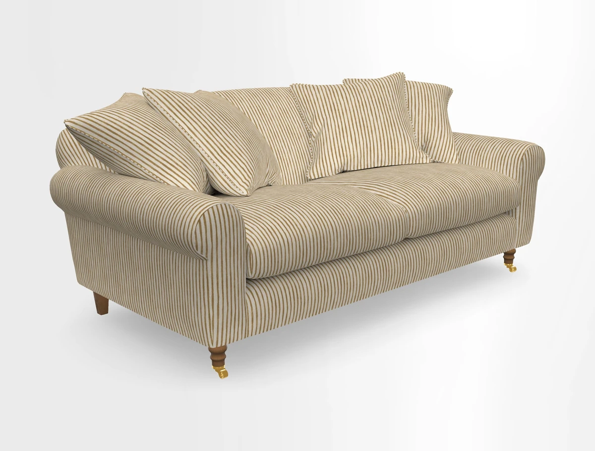 Walberswick 3 Seater Sofa in Etta's Bouquet Sunset Moss with scatters in Sussex Stripe Brick and Snape Chair in Almost Plain Velvet Spring