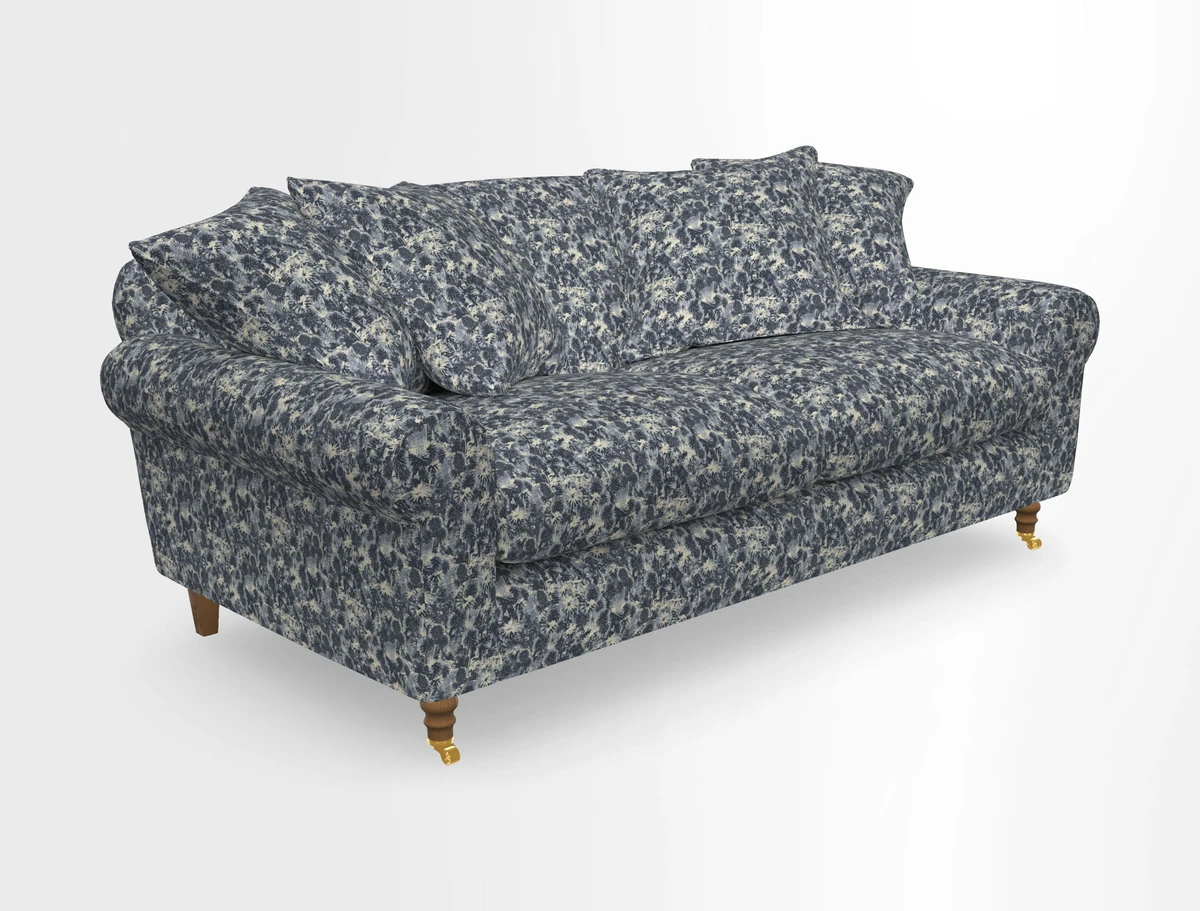 Walberswick 3 Seater Sofa in Etta's Bouquet Sunset Moss with scatters in Sussex Stripe Brick and Snape Chair in Almost Plain Velvet Spring