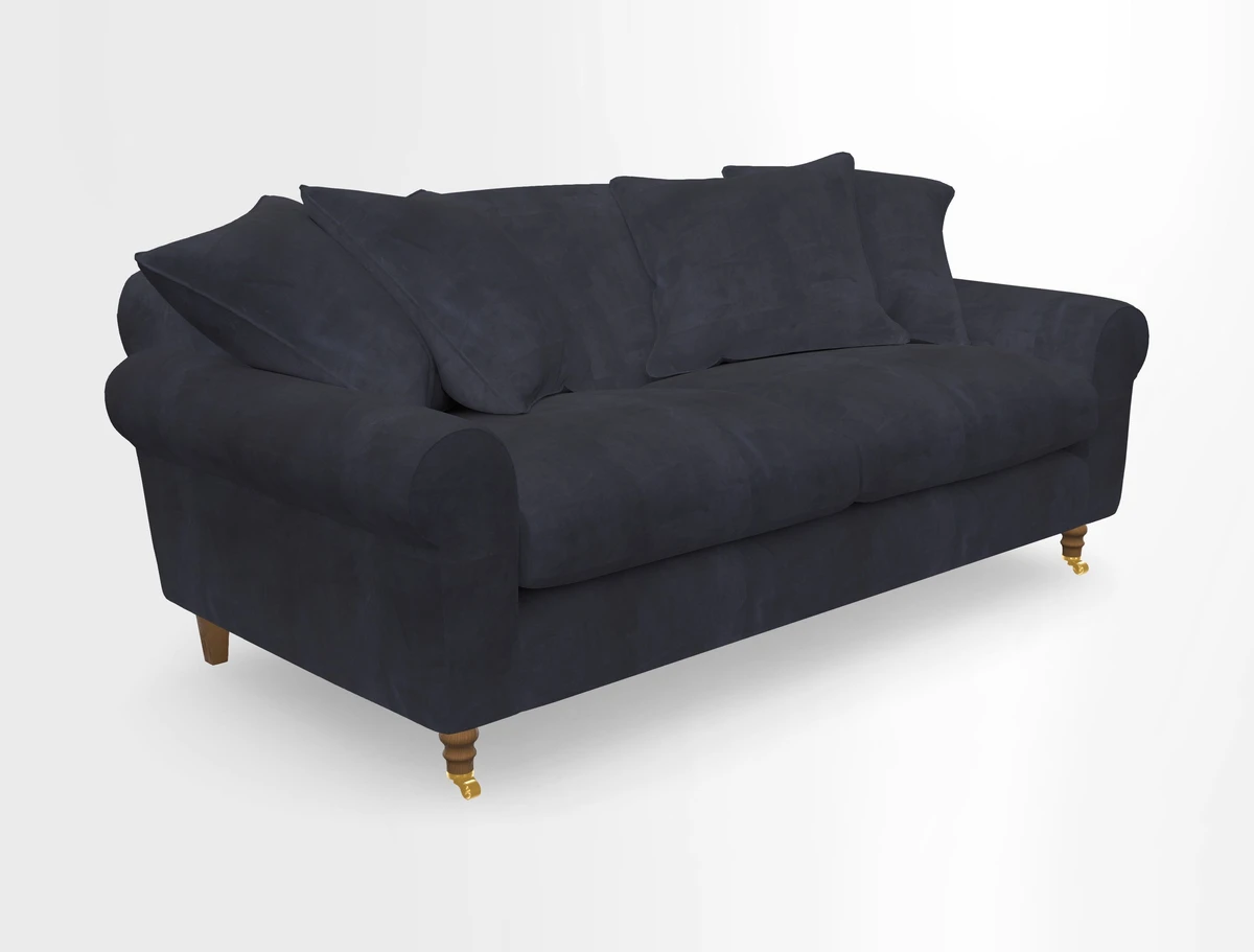 Walberswick 3 Seater Sofa in Etta's Bouquet Sunset Moss with scatters in Sussex Stripe Brick and Snape Chair in Almost Plain Velvet Spring