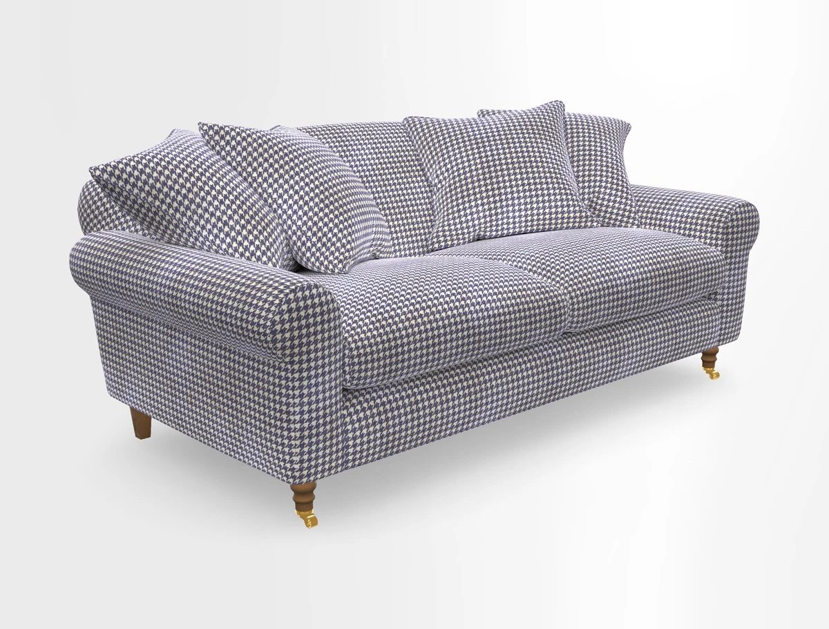 Walberswick 3 Seater Sofa in Etta's Bouquet Sunset Moss with scatters in Sussex Stripe Brick and Snape Chair in Almost Plain Velvet Spring