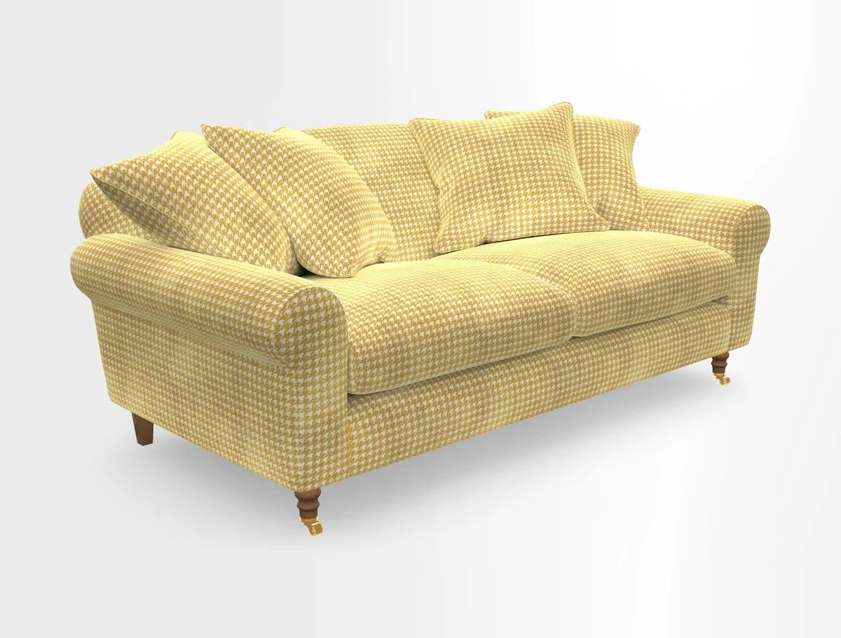 Walberswick 3 Seater Sofa in Etta's Bouquet Sunset Moss with scatters in Sussex Stripe Brick and Snape Chair in Almost Plain Velvet Spring