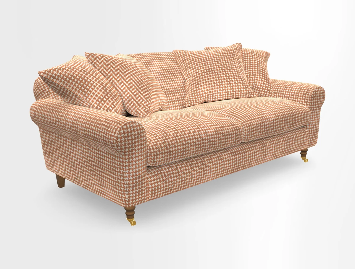 Walberswick 3 Seater Sofa in Etta's Bouquet Sunset Moss with scatters in Sussex Stripe Brick and Snape Chair in Almost Plain Velvet Spring