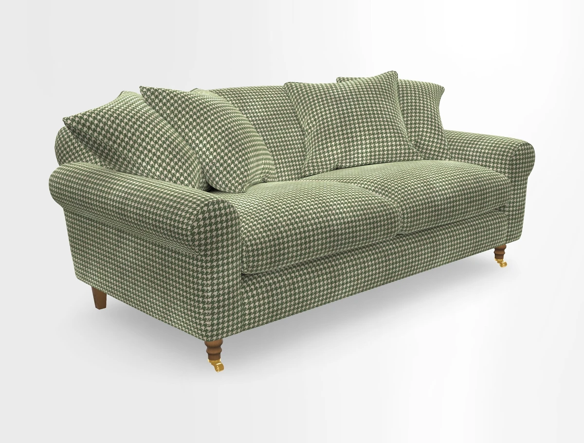 Walberswick 3 Seater Sofa in Etta's Bouquet Sunset Moss with scatters in Sussex Stripe Brick and Snape Chair in Almost Plain Velvet Spring