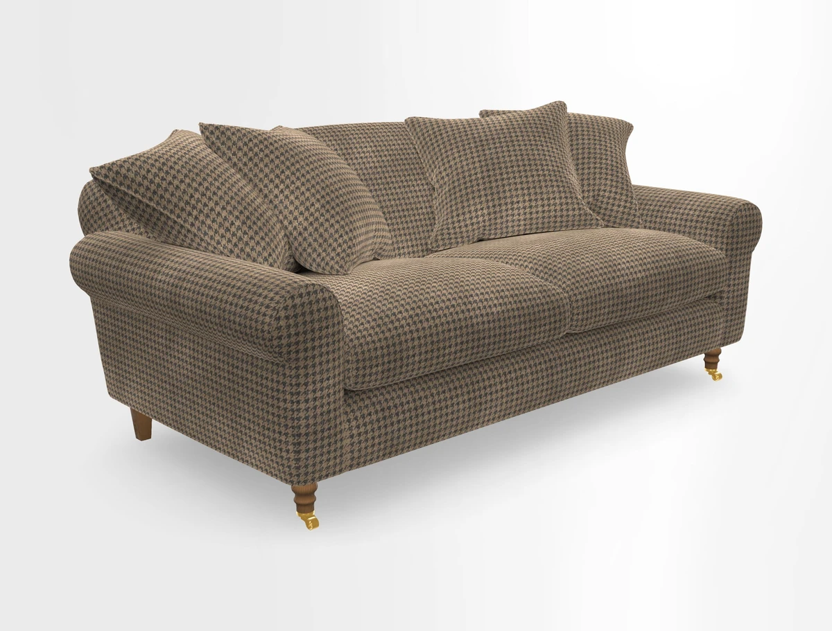 Walberswick 3 Seater Sofa in Etta's Bouquet Sunset Moss with scatters in Sussex Stripe Brick and Snape Chair in Almost Plain Velvet Spring
