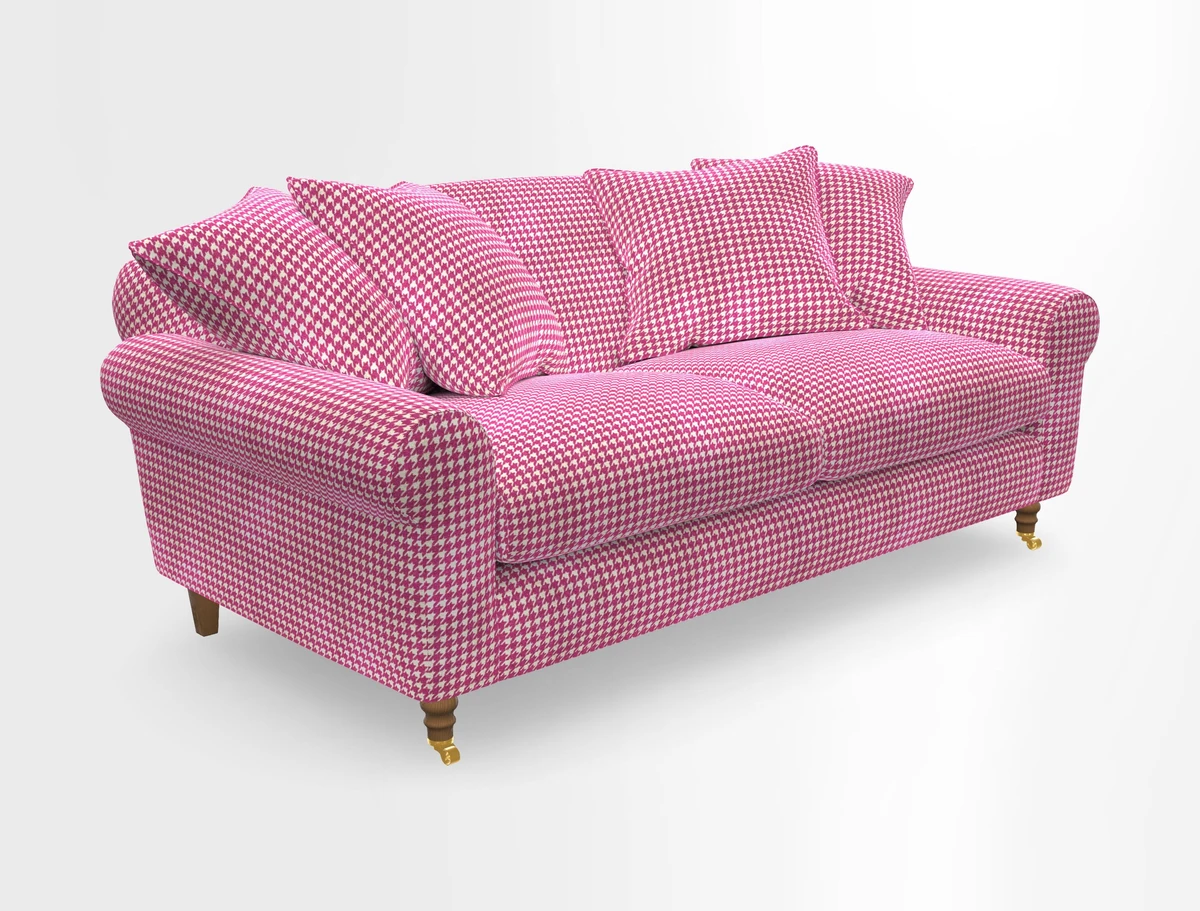 Walberswick 3 Seater Sofa in Etta's Bouquet Sunset Moss with scatters in Sussex Stripe Brick and Snape Chair in Almost Plain Velvet Spring