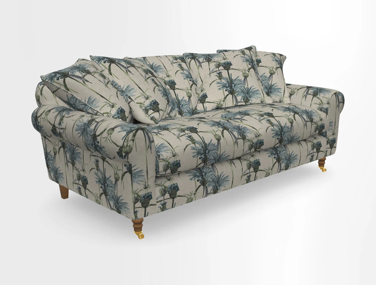 Walberswick 3 Seater Sofa in Etta's Bouquet Sunset Moss with scatters in Sussex Stripe Brick and Snape Chair in Almost Plain Velvet Spring