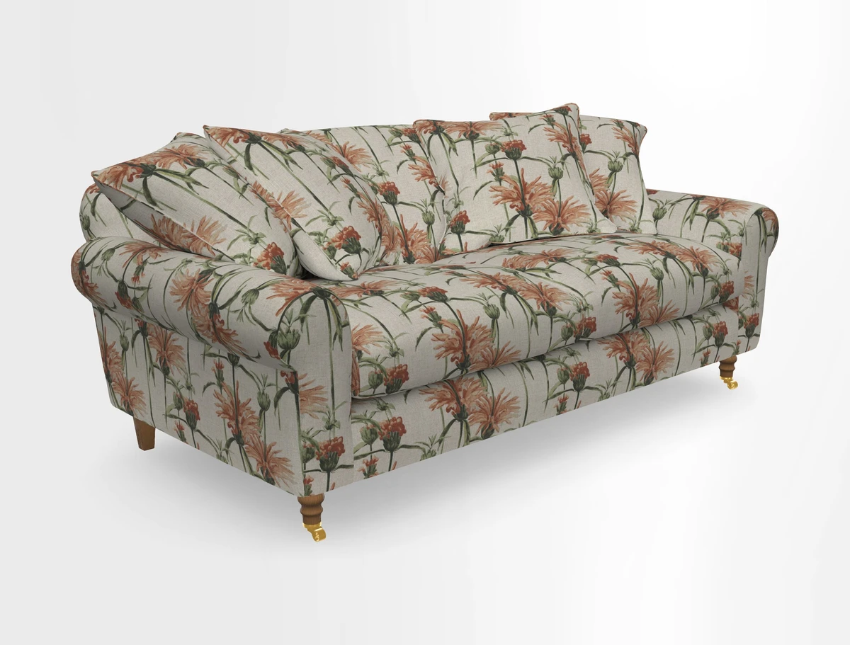 Walberswick 3 Seater Sofa in Etta's Bouquet Sunset Moss with scatters in Sussex Stripe Brick and Snape Chair in Almost Plain Velvet Spring