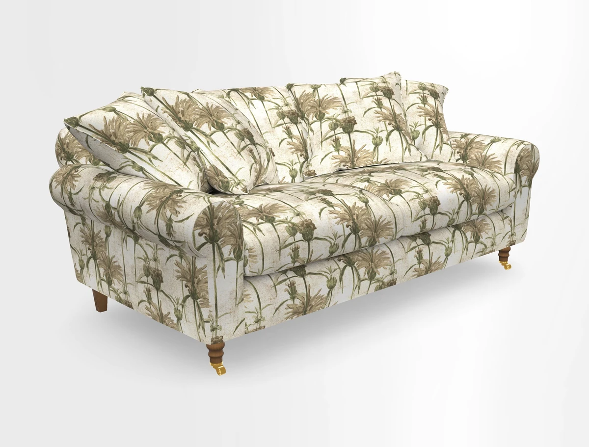 Walberswick 3 Seater Sofa in Etta's Bouquet Sunset Moss with scatters in Sussex Stripe Brick and Snape Chair in Almost Plain Velvet Spring