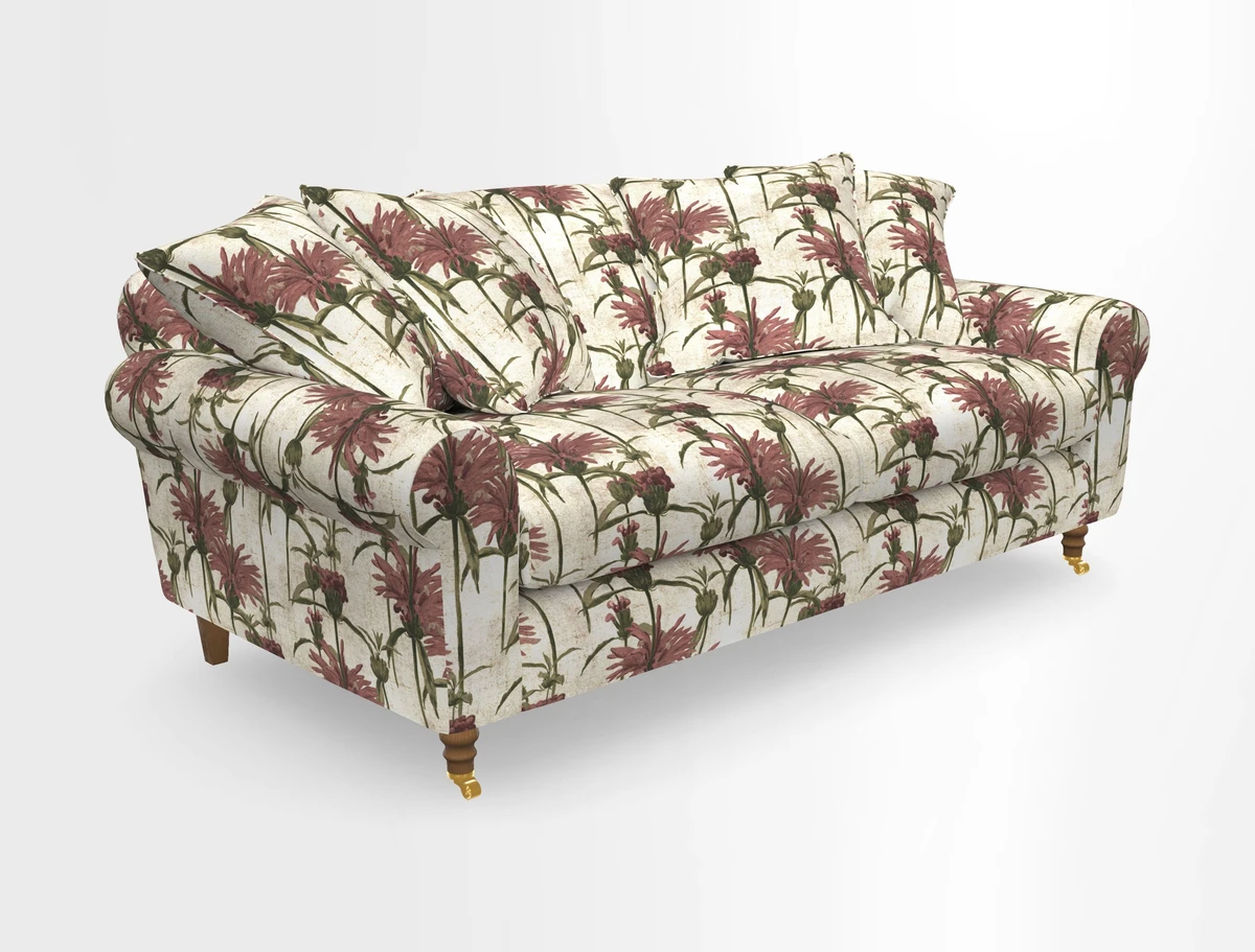 Walberswick 3 Seater Sofa in Etta's Bouquet Sunset Moss with scatters in Sussex Stripe Brick and Snape Chair in Almost Plain Velvet Spring