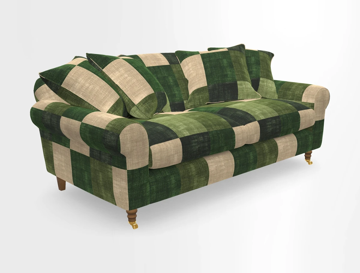 Walberswick 3 Seater Sofa in Etta's Bouquet Sunset Moss with scatters in Sussex Stripe Brick and Snape Chair in Almost Plain Velvet Spring