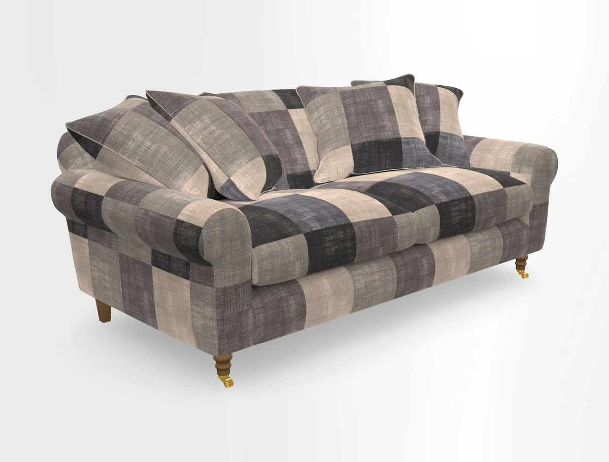 Walberswick 3 Seater Sofa in Etta's Bouquet Sunset Moss with scatters in Sussex Stripe Brick and Snape Chair in Almost Plain Velvet Spring
