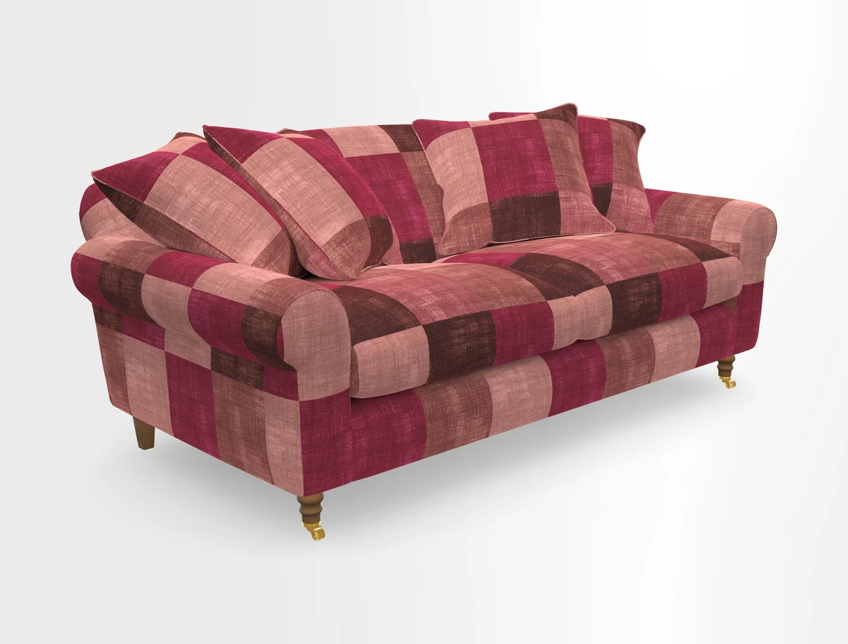 Walberswick 3 Seater Sofa in Etta's Bouquet Sunset Moss with scatters in Sussex Stripe Brick and Snape Chair in Almost Plain Velvet Spring
