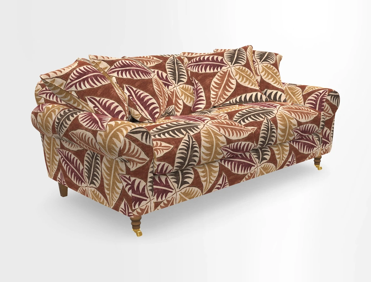 Walberswick 3 Seater Sofa in Etta's Bouquet Sunset Moss with scatters in Sussex Stripe Brick and Snape Chair in Almost Plain Velvet Spring