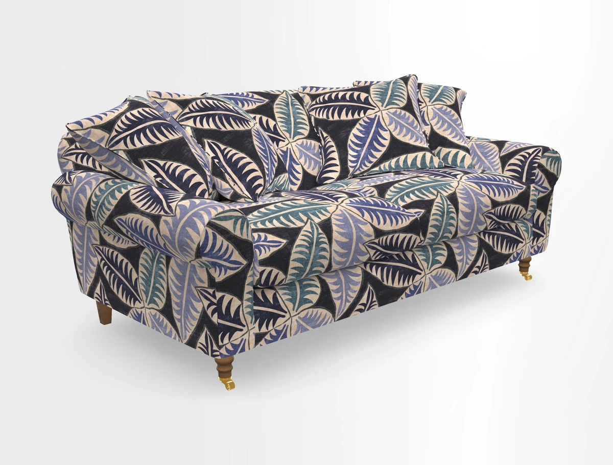 Walberswick 3 Seater Sofa in Etta's Bouquet Sunset Moss with scatters in Sussex Stripe Brick and Snape Chair in Almost Plain Velvet Spring