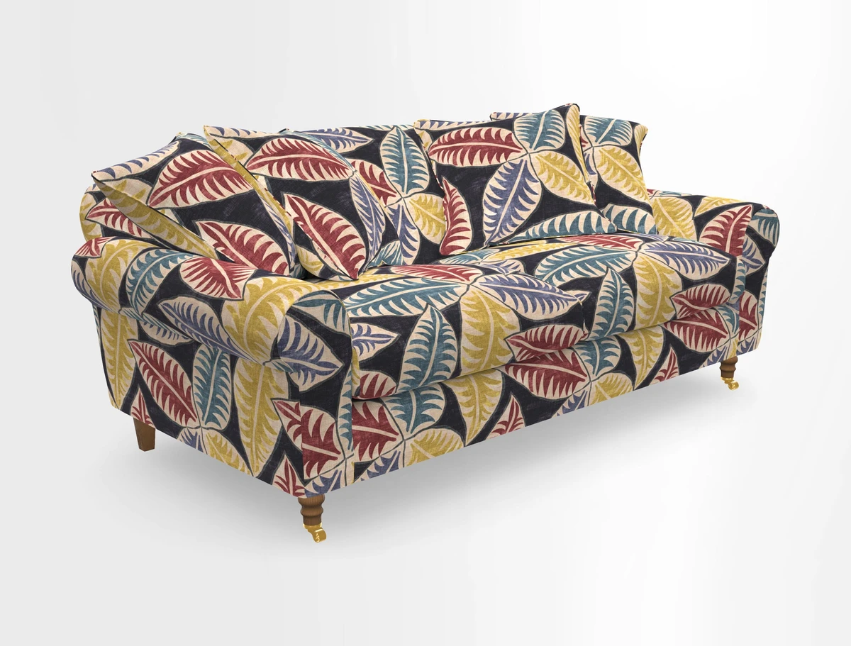 Walberswick 3 Seater Sofa in Etta's Bouquet Sunset Moss with scatters in Sussex Stripe Brick and Snape Chair in Almost Plain Velvet Spring