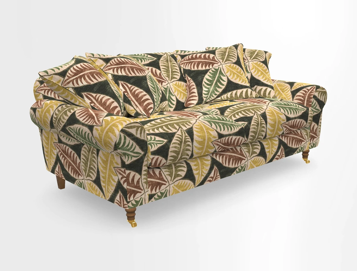 Walberswick 3 Seater Sofa in Etta's Bouquet Sunset Moss with scatters in Sussex Stripe Brick and Snape Chair in Almost Plain Velvet Spring