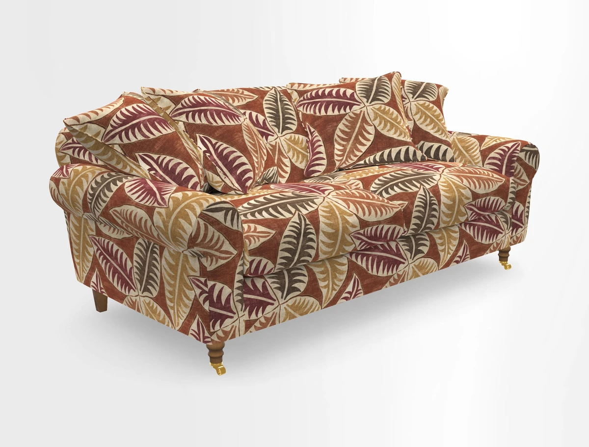Walberswick 3 Seater Sofa in Etta's Bouquet Sunset Moss with scatters in Sussex Stripe Brick and Snape Chair in Almost Plain Velvet Spring