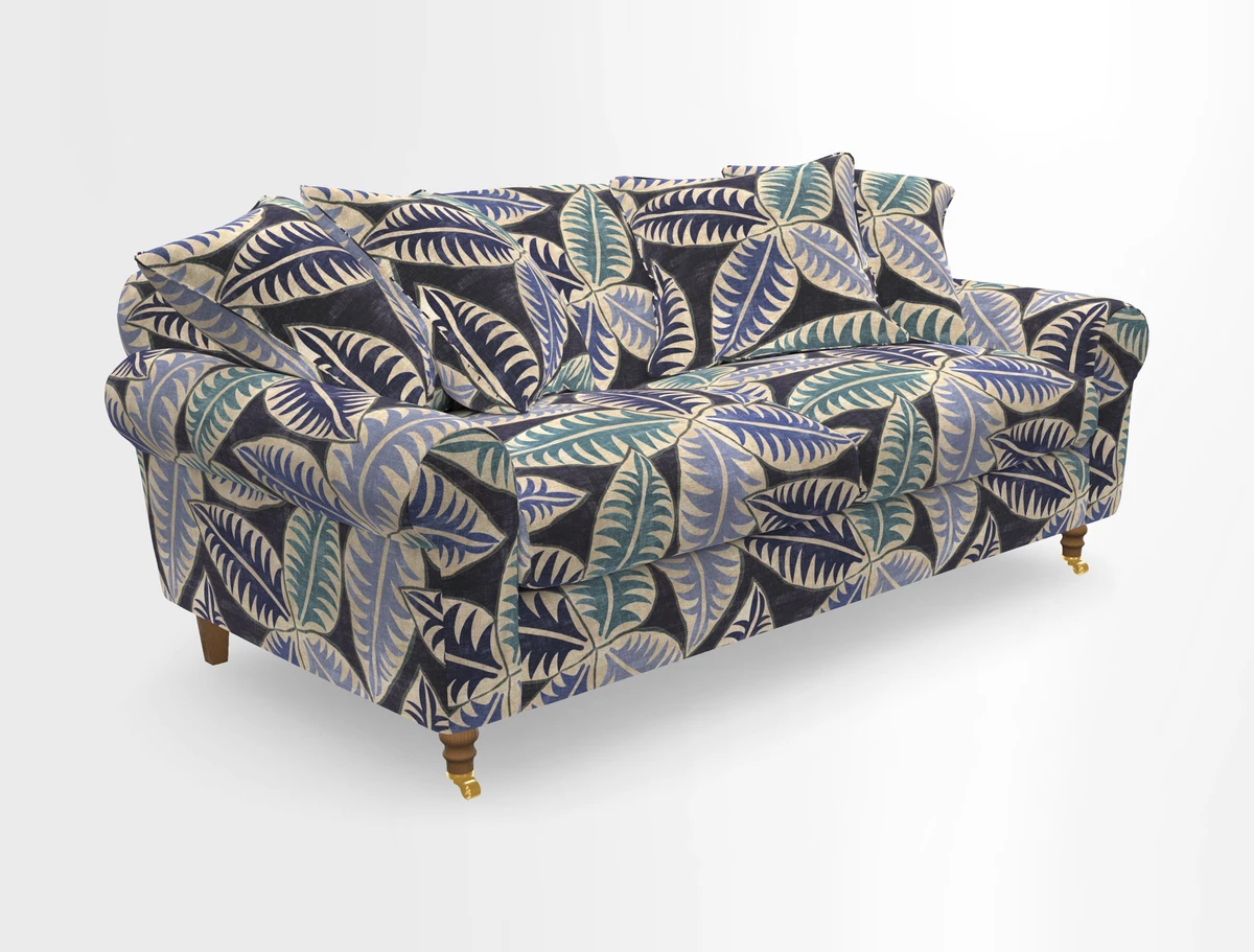 Walberswick 3 Seater Sofa in Etta's Bouquet Sunset Moss with scatters in Sussex Stripe Brick and Snape Chair in Almost Plain Velvet Spring