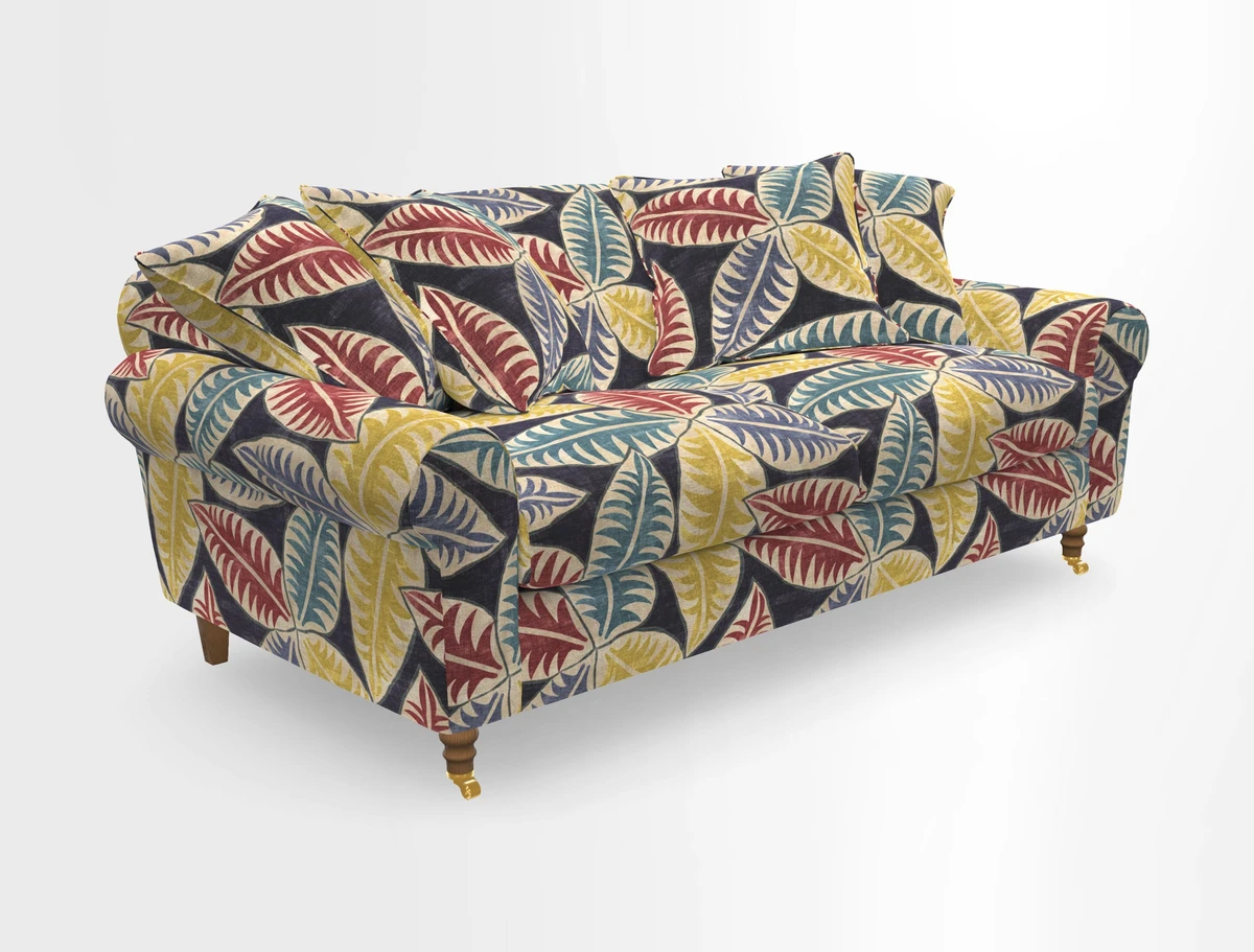 Walberswick 3 Seater Sofa in Etta's Bouquet Sunset Moss with scatters in Sussex Stripe Brick and Snape Chair in Almost Plain Velvet Spring