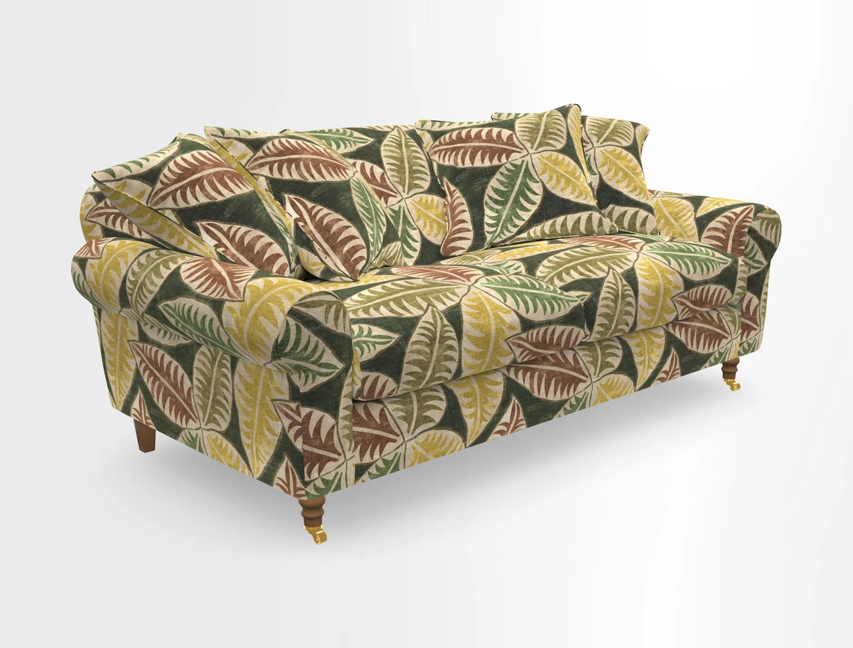 Walberswick 3 Seater Sofa in Etta's Bouquet Sunset Moss with scatters in Sussex Stripe Brick and Snape Chair in Almost Plain Velvet Spring