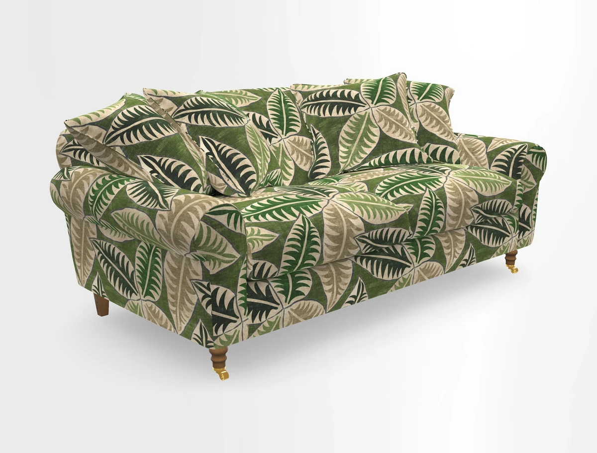 Walberswick 3 Seater Sofa in Etta's Bouquet Sunset Moss with scatters in Sussex Stripe Brick and Snape Chair in Almost Plain Velvet Spring