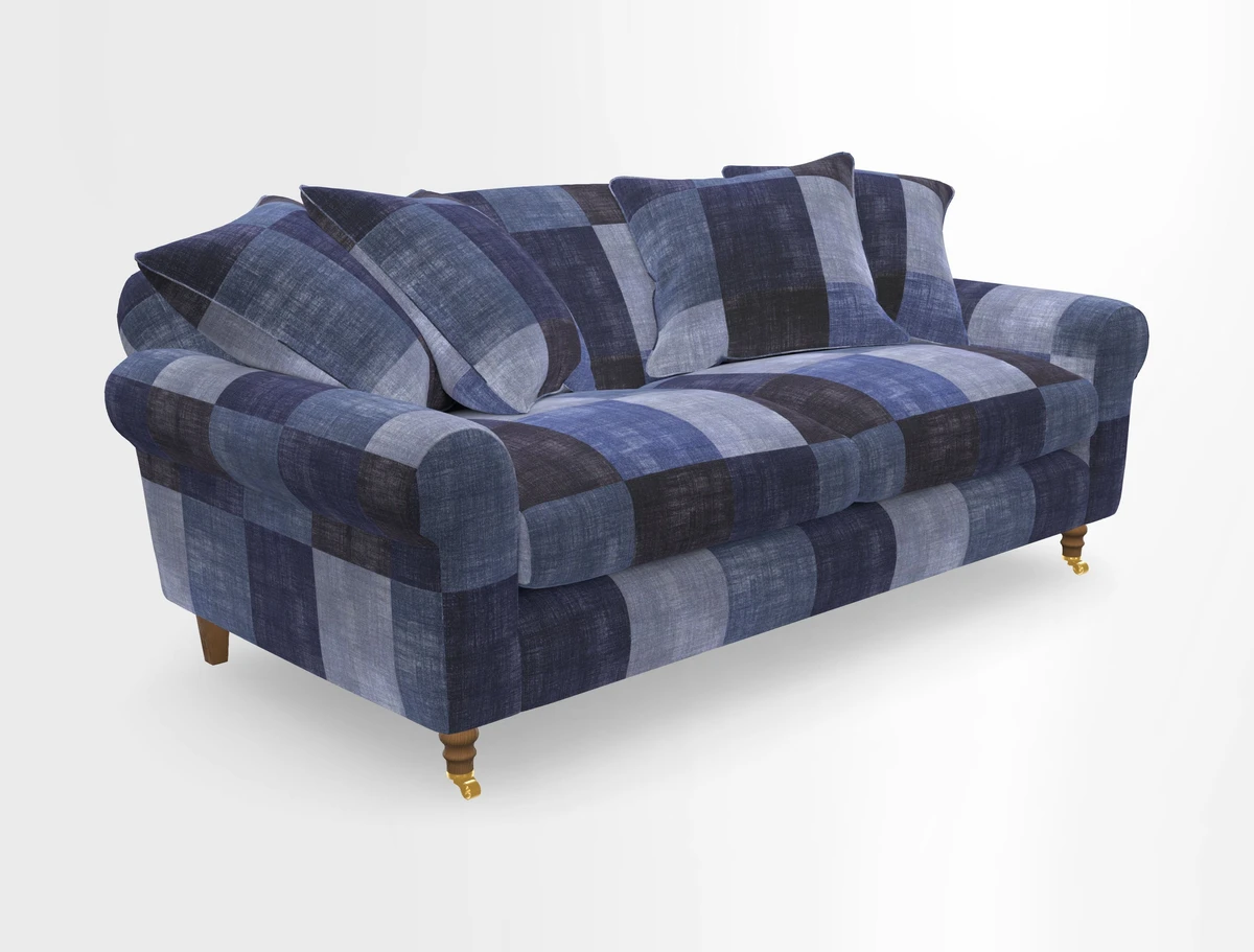 Walberswick 3 Seater Sofa in Etta's Bouquet Sunset Moss with scatters in Sussex Stripe Brick and Snape Chair in Almost Plain Velvet Spring