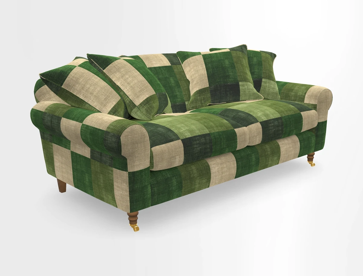 Walberswick 3 Seater Sofa in Etta's Bouquet Sunset Moss with scatters in Sussex Stripe Brick and Snape Chair in Almost Plain Velvet Spring