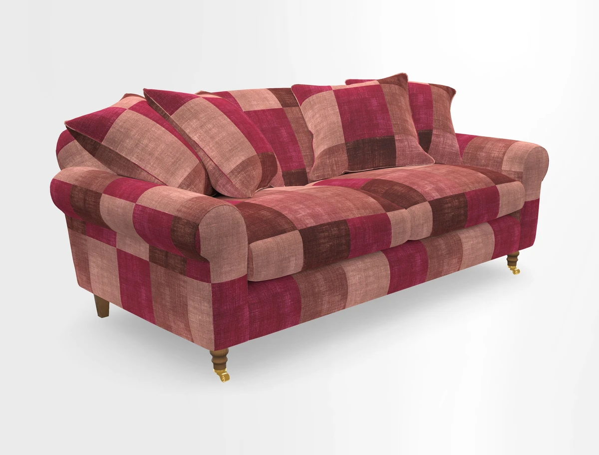 Walberswick 3 Seater Sofa in Etta's Bouquet Sunset Moss with scatters in Sussex Stripe Brick and Snape Chair in Almost Plain Velvet Spring