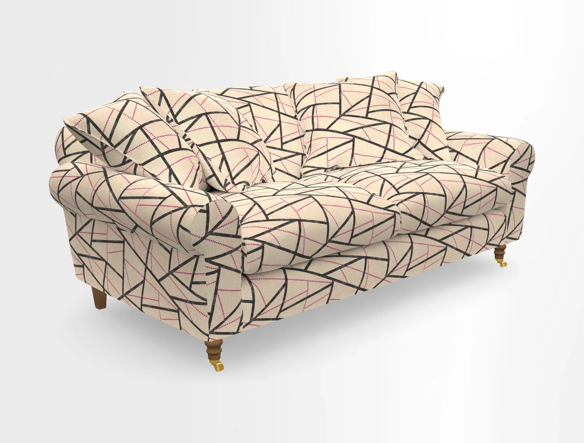 Walberswick 3 Seater Sofa in Etta's Bouquet Sunset Moss with scatters in Sussex Stripe Brick and Snape Chair in Almost Plain Velvet Spring