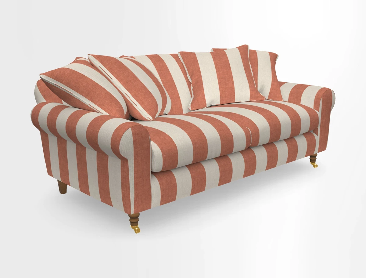 Walberswick 3 Seater Sofa in Etta's Bouquet Sunset Moss with scatters in Sussex Stripe Brick and Snape Chair in Almost Plain Velvet Spring