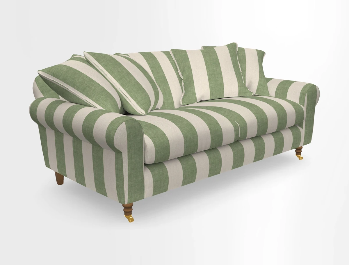 Walberswick 3 Seater Sofa in Etta's Bouquet Sunset Moss with scatters in Sussex Stripe Brick and Snape Chair in Almost Plain Velvet Spring