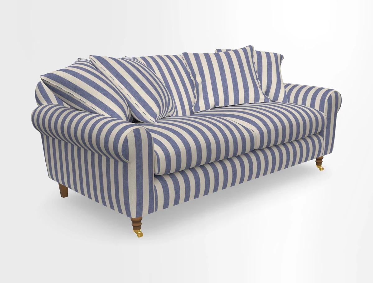 Walberswick 3 Seater Sofa in Etta's Bouquet Sunset Moss with scatters in Sussex Stripe Brick and Snape Chair in Almost Plain Velvet Spring