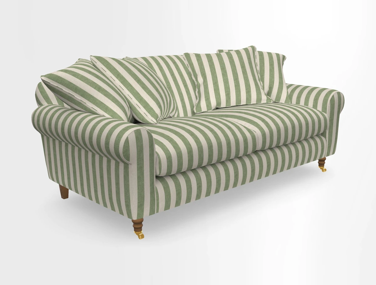 Walberswick 3 Seater Sofa in Etta's Bouquet Sunset Moss with scatters in Sussex Stripe Brick and Snape Chair in Almost Plain Velvet Spring