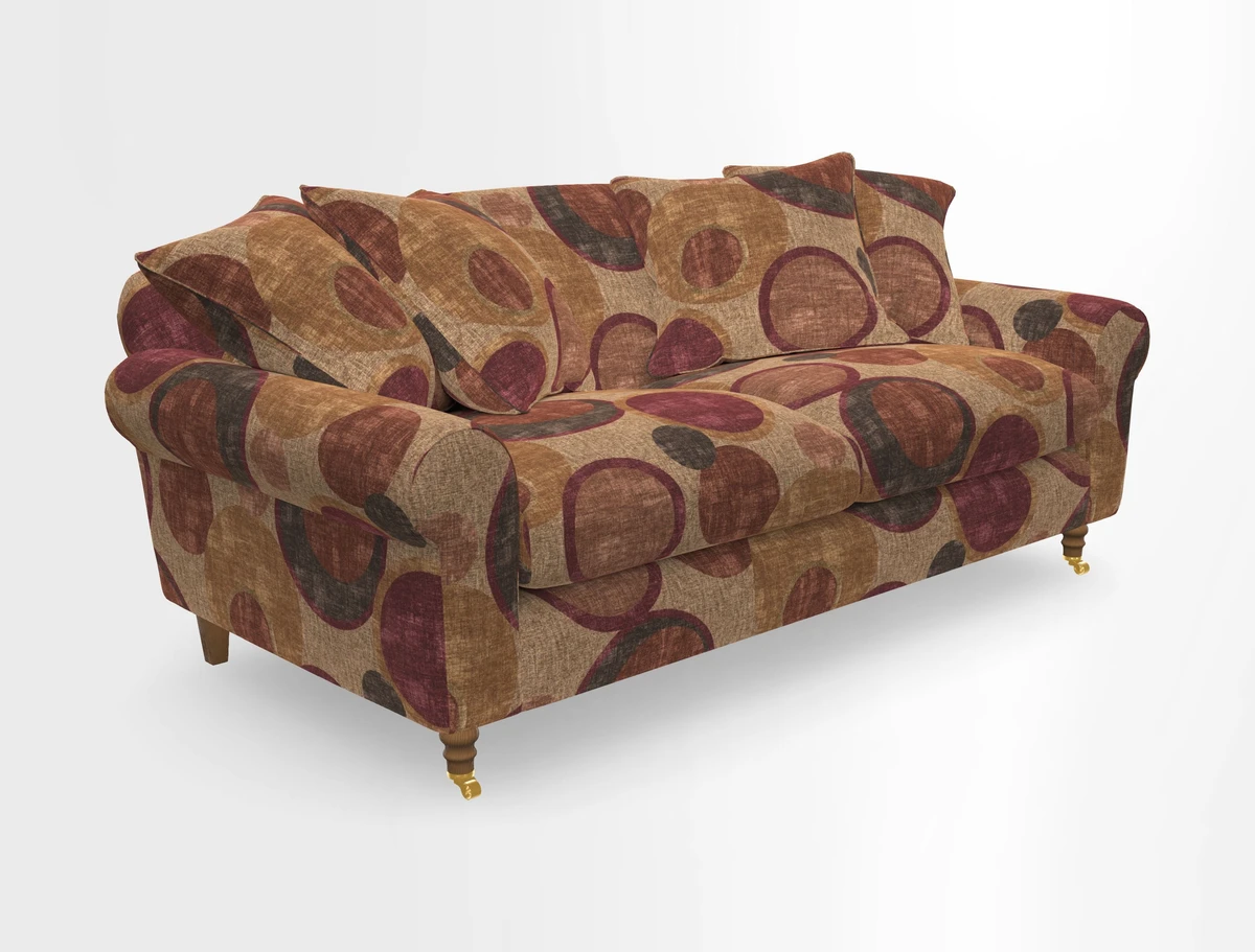 Walberswick 3 Seater Sofa in Etta's Bouquet Sunset Moss with scatters in Sussex Stripe Brick and Snape Chair in Almost Plain Velvet Spring