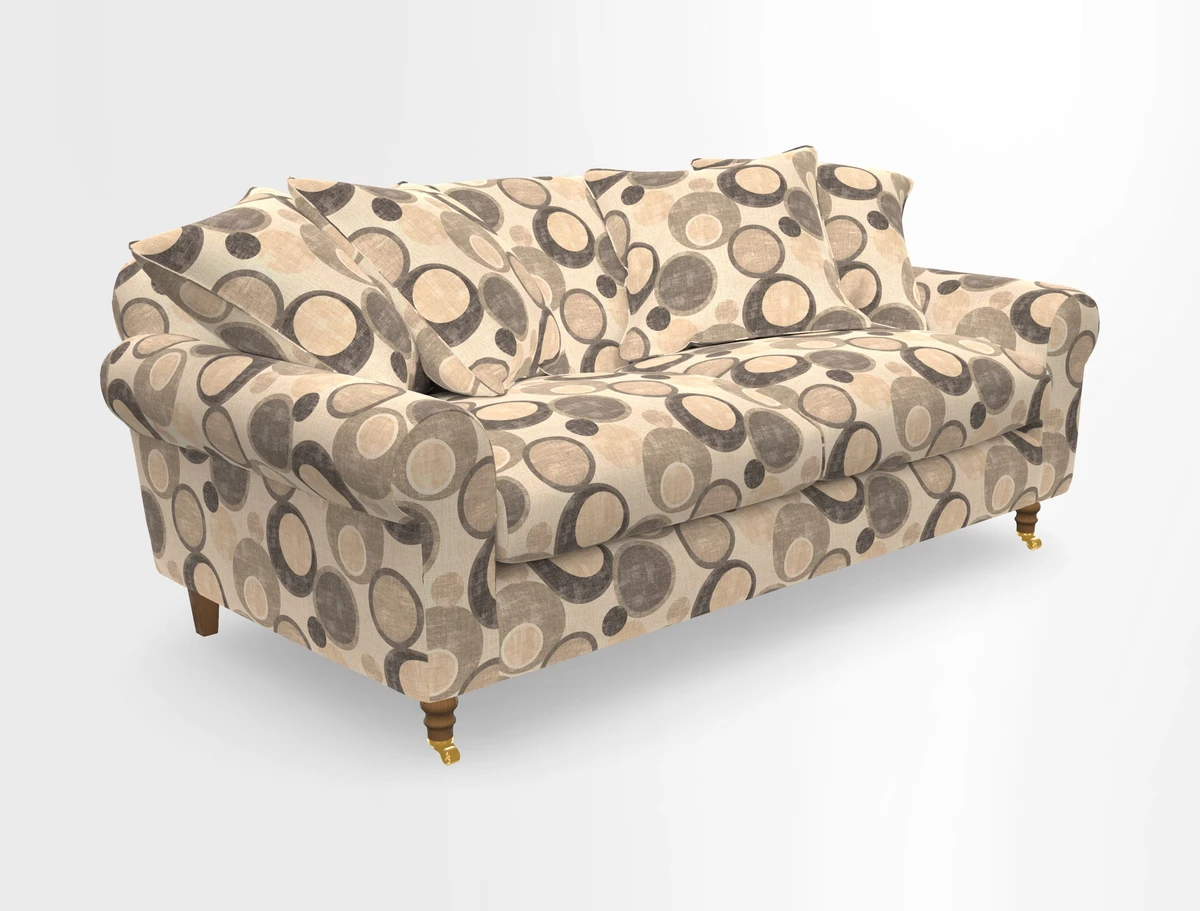 Walberswick 3 Seater Sofa in Etta's Bouquet Sunset Moss with scatters in Sussex Stripe Brick and Snape Chair in Almost Plain Velvet Spring