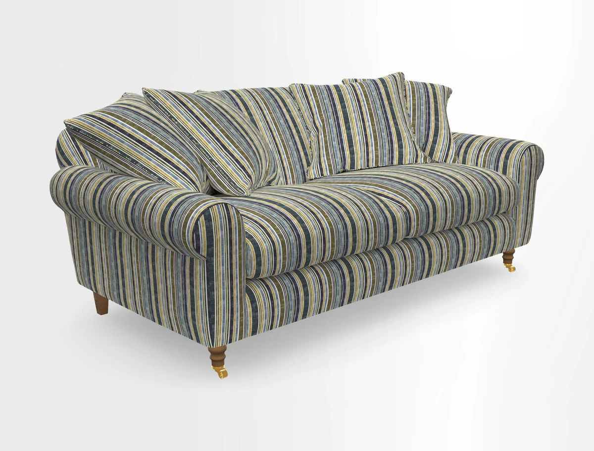 Walberswick 3 Seater Sofa in Etta's Bouquet Sunset Moss with scatters in Sussex Stripe Brick and Snape Chair in Almost Plain Velvet Spring