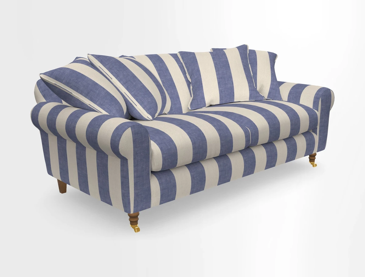 Walberswick 3 Seater Sofa in Etta's Bouquet Sunset Moss with scatters in Sussex Stripe Brick and Snape Chair in Almost Plain Velvet Spring