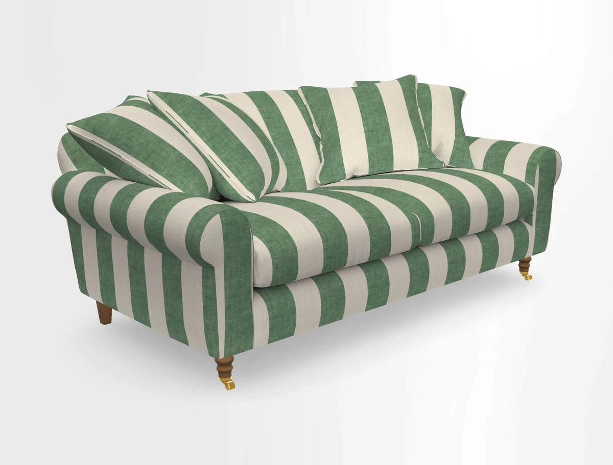 Walberswick 3 Seater Sofa in Etta's Bouquet Sunset Moss with scatters in Sussex Stripe Brick and Snape Chair in Almost Plain Velvet Spring