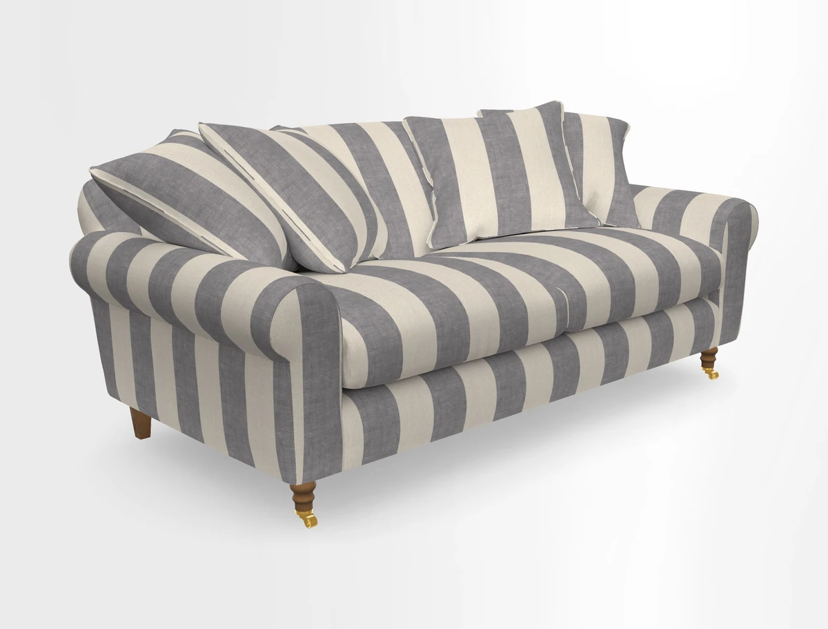 Walberswick 3 Seater Sofa in Etta's Bouquet Sunset Moss with scatters in Sussex Stripe Brick and Snape Chair in Almost Plain Velvet Spring