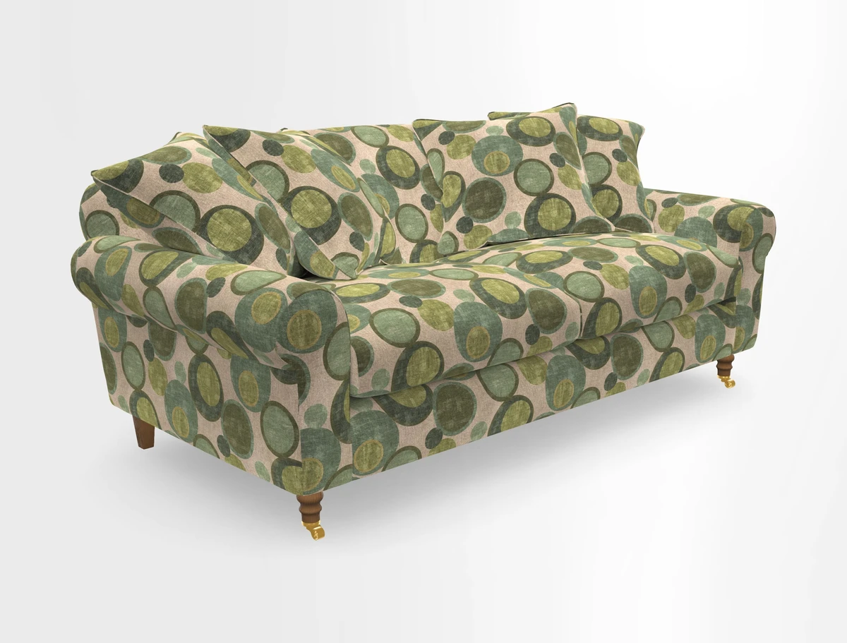 Walberswick 3 Seater Sofa in Etta's Bouquet Sunset Moss with scatters in Sussex Stripe Brick and Snape Chair in Almost Plain Velvet Spring