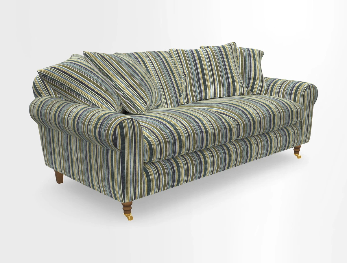 Walberswick 3 Seater Sofa in Etta's Bouquet Sunset Moss with scatters in Sussex Stripe Brick and Snape Chair in Almost Plain Velvet Spring