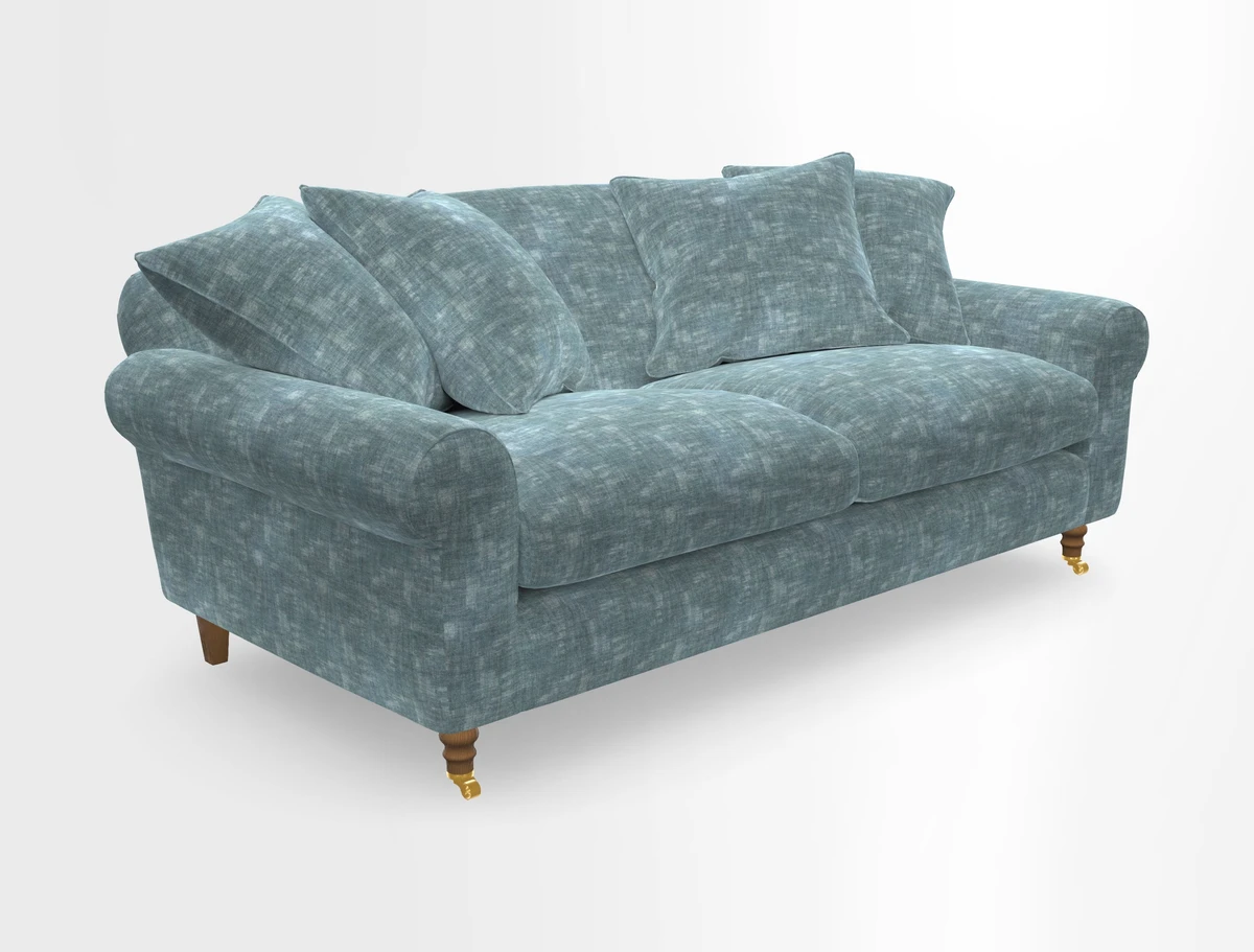 Walberswick 3 Seater Sofa in Etta's Bouquet Sunset Moss with scatters in Sussex Stripe Brick and Snape Chair in Almost Plain Velvet Spring