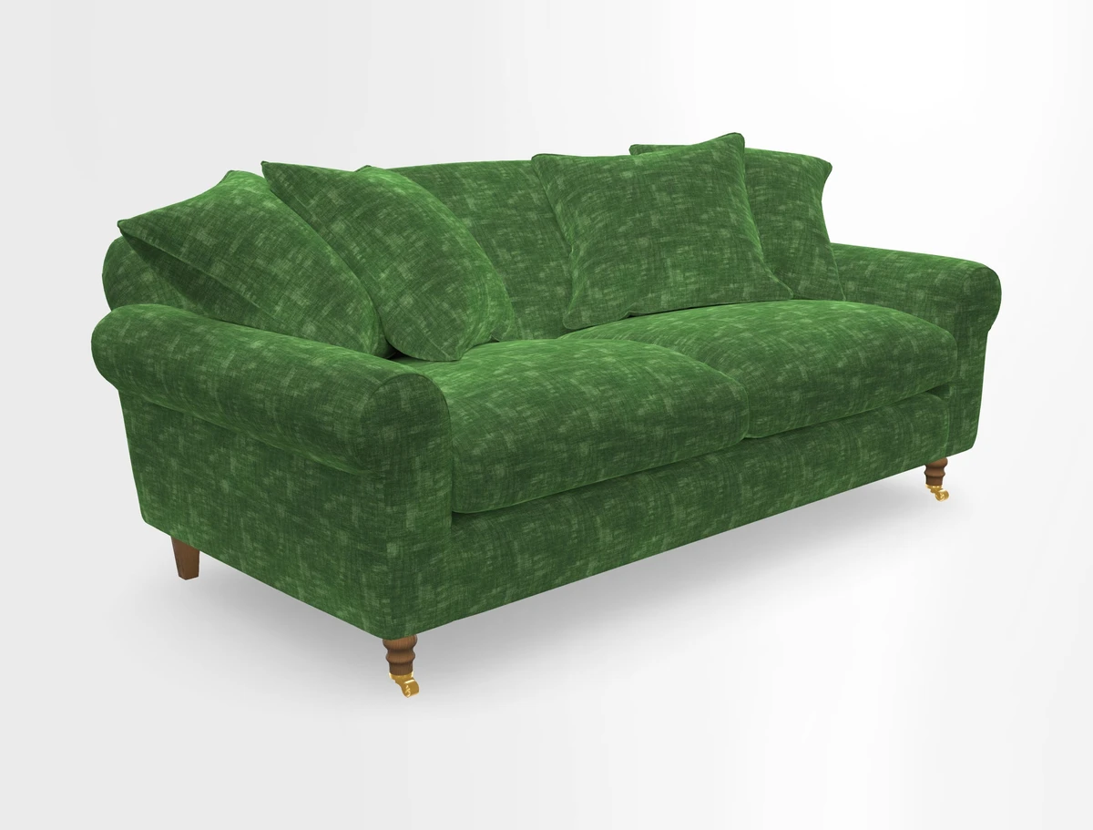Walberswick 3 Seater Sofa in Etta's Bouquet Sunset Moss with scatters in Sussex Stripe Brick and Snape Chair in Almost Plain Velvet Spring