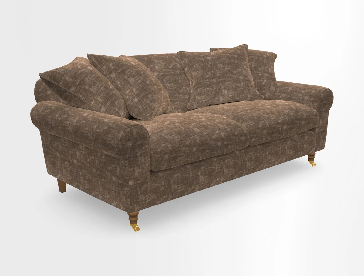 Walberswick 3 Seater Sofa in Etta's Bouquet Sunset Moss with scatters in Sussex Stripe Brick and Snape Chair in Almost Plain Velvet Spring