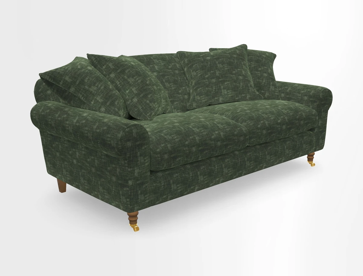 Walberswick 3 Seater Sofa in Etta's Bouquet Sunset Moss with scatters in Sussex Stripe Brick and Snape Chair in Almost Plain Velvet Spring