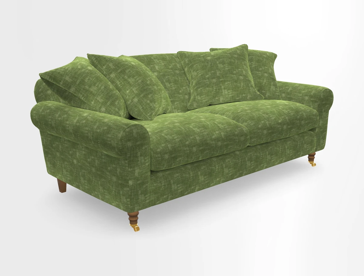 Walberswick 3 Seater Sofa in Etta's Bouquet Sunset Moss with scatters in Sussex Stripe Brick and Snape Chair in Almost Plain Velvet Spring